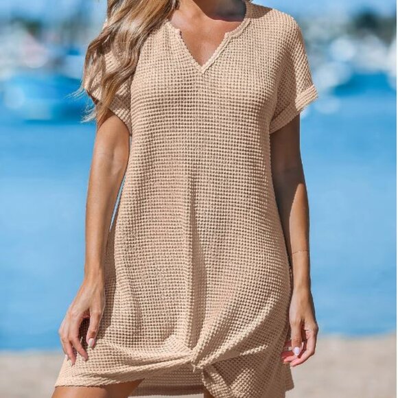 Khaki Notched Neck Short Sleeve Cover-Up Dress - Picture 1 of 4